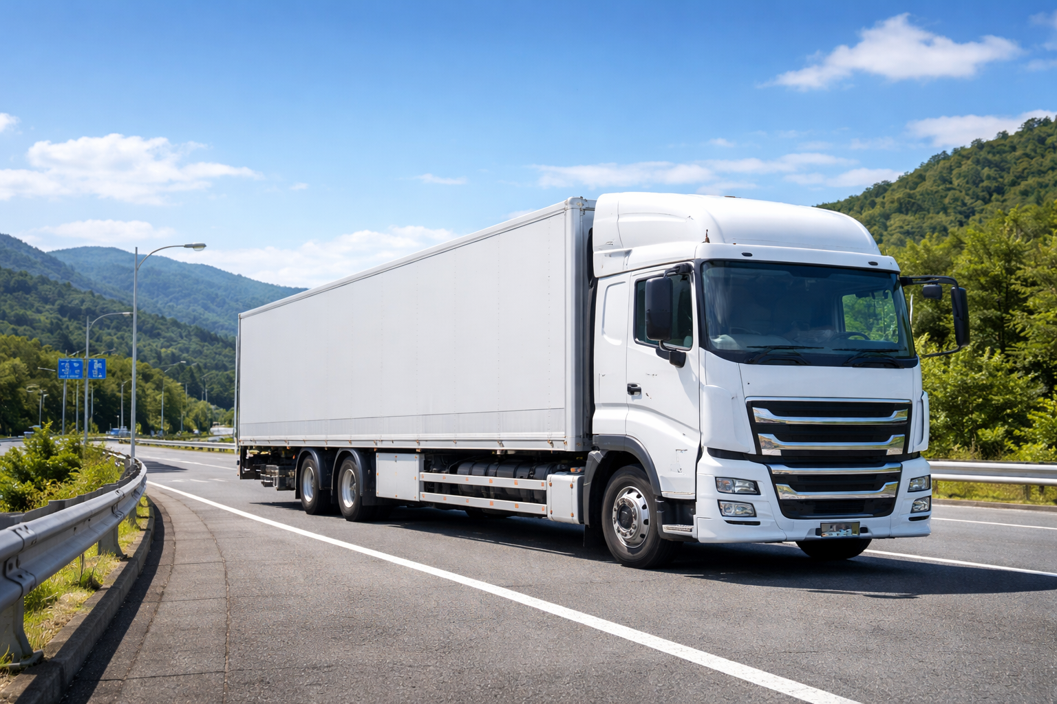 青空の下に停車する大型トラックの外観