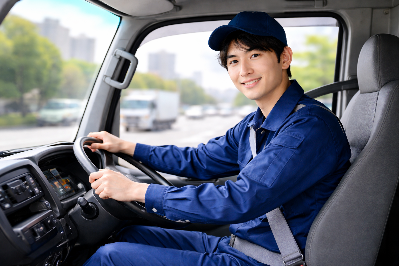 20代の未経験から始めるドライバー求人のイメージ（日本の道路で運転する若手ドライバー）